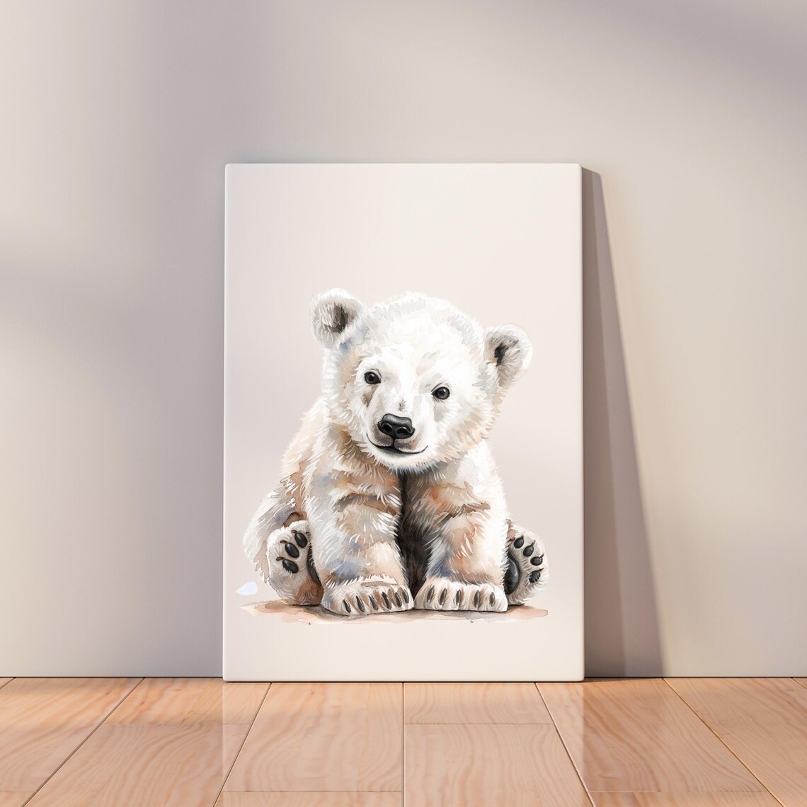 Baby Polar Bear Cub Sitting Soft Watercolor White Nursery Art Poster