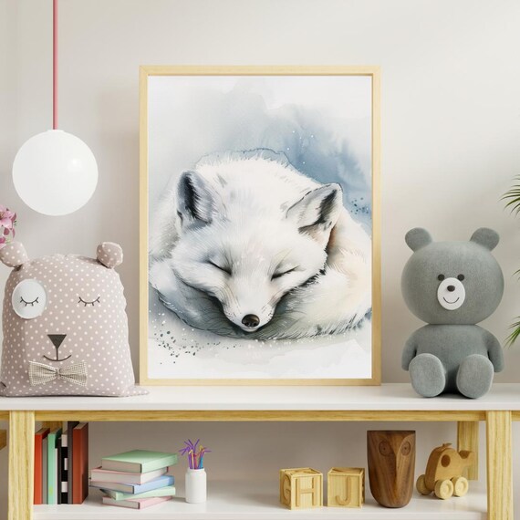 Sleeping Arctic Fox In Snow Winter Watercolor Kids Room Animal Poster