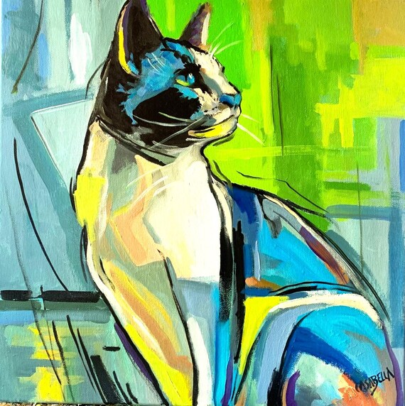 Expressive Colorful Cat Portrait Bold Blue Feline Oil Painting Wall Art