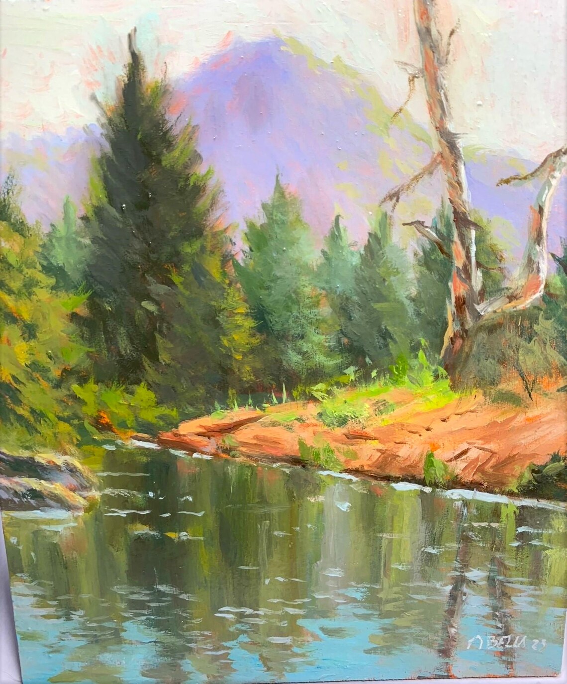 Serene River Landscape Painting Framed Tranquil Nature Scene With Lush Trees And Reflective Water Perfect For Home Decor Artwork