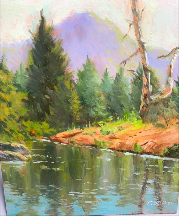Serene River Landscape Painting Framed Tranquil Nature Scene With Lush Trees And Reflective Water Perfect For Home Decor Artwork