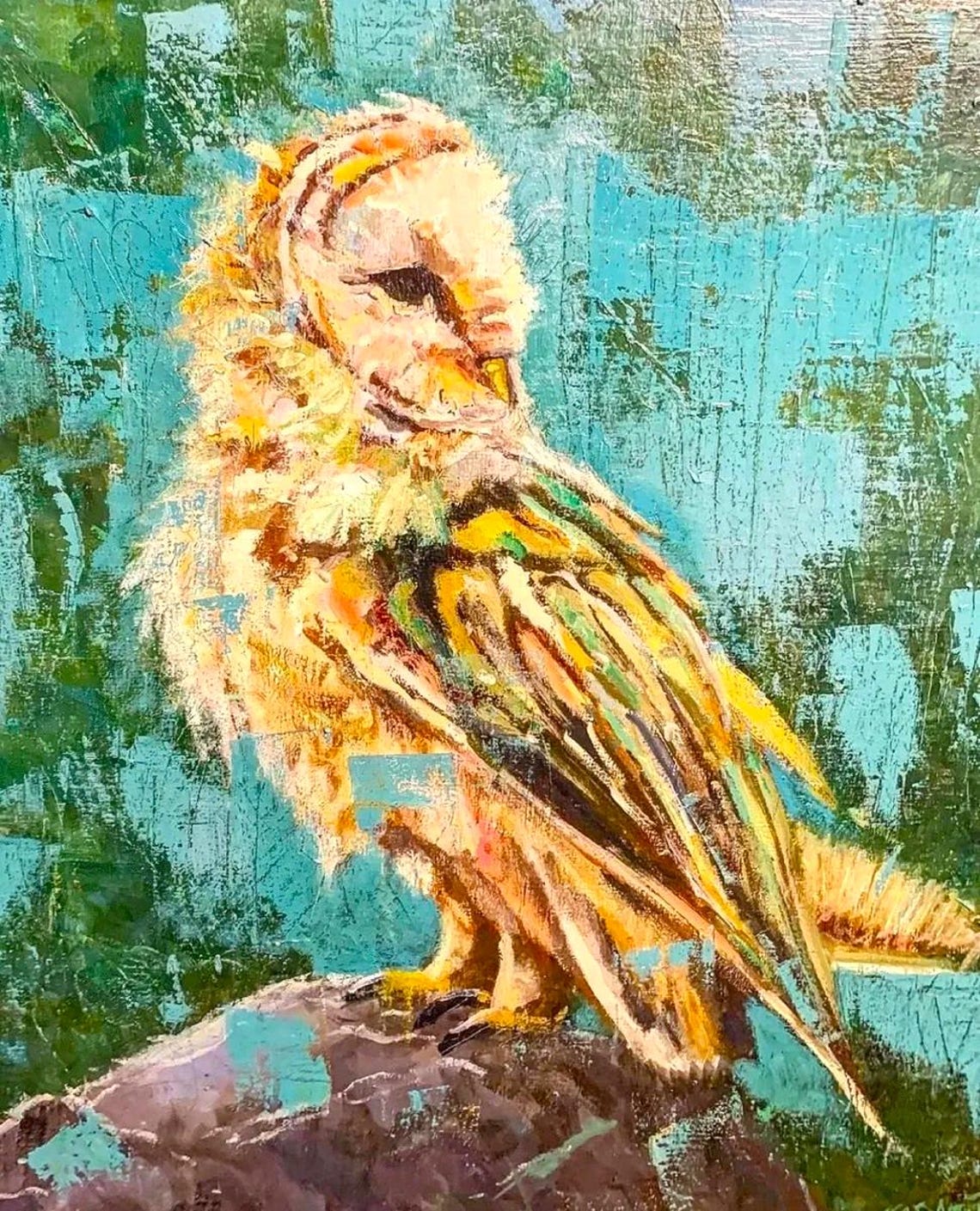 Barn Owl Perched Textured Teal Background Bird Oil Painting Wall Art - Image 2