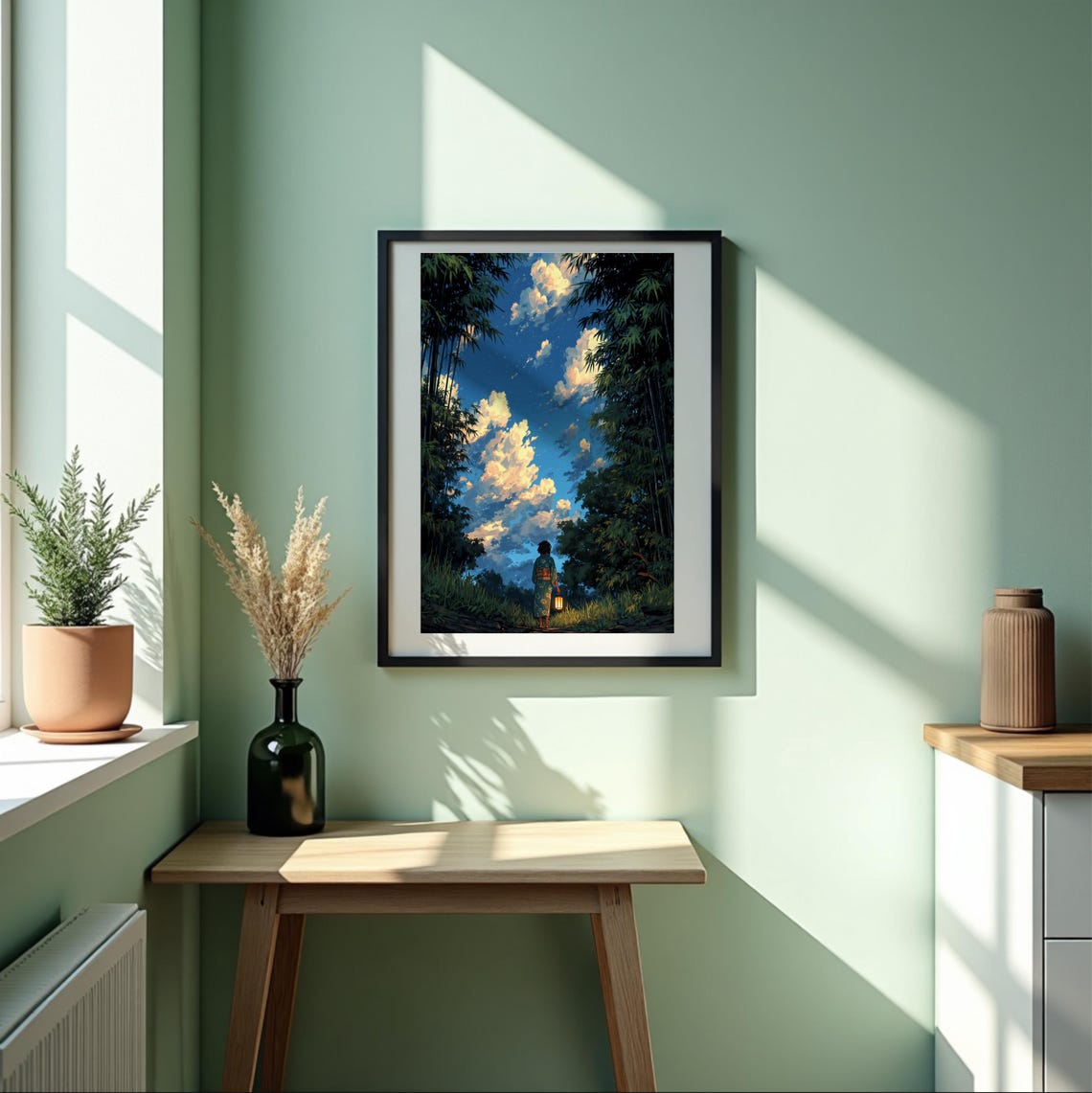 Anime Night Sky Wall Art Print Ghibli Bamboo Forest Lantern Path