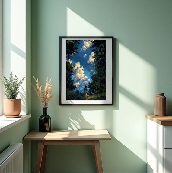 Anime Night Sky Wall Art Print Ghibli Bamboo Forest Lantern Path