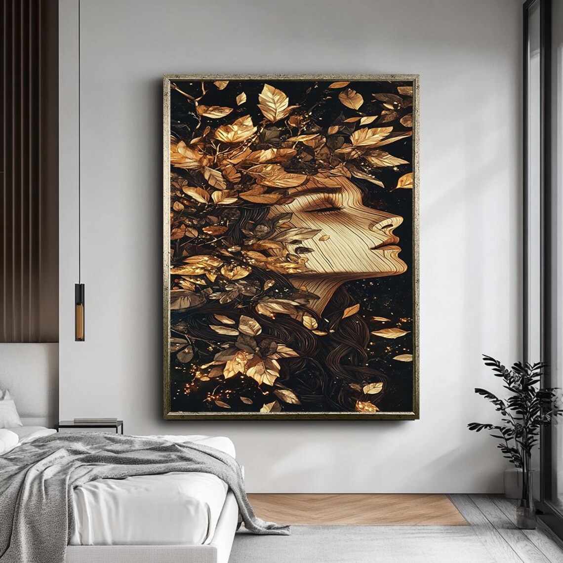 Golden Leaves Woman Profile Abstract Botanical Black Wall Art - Image 5