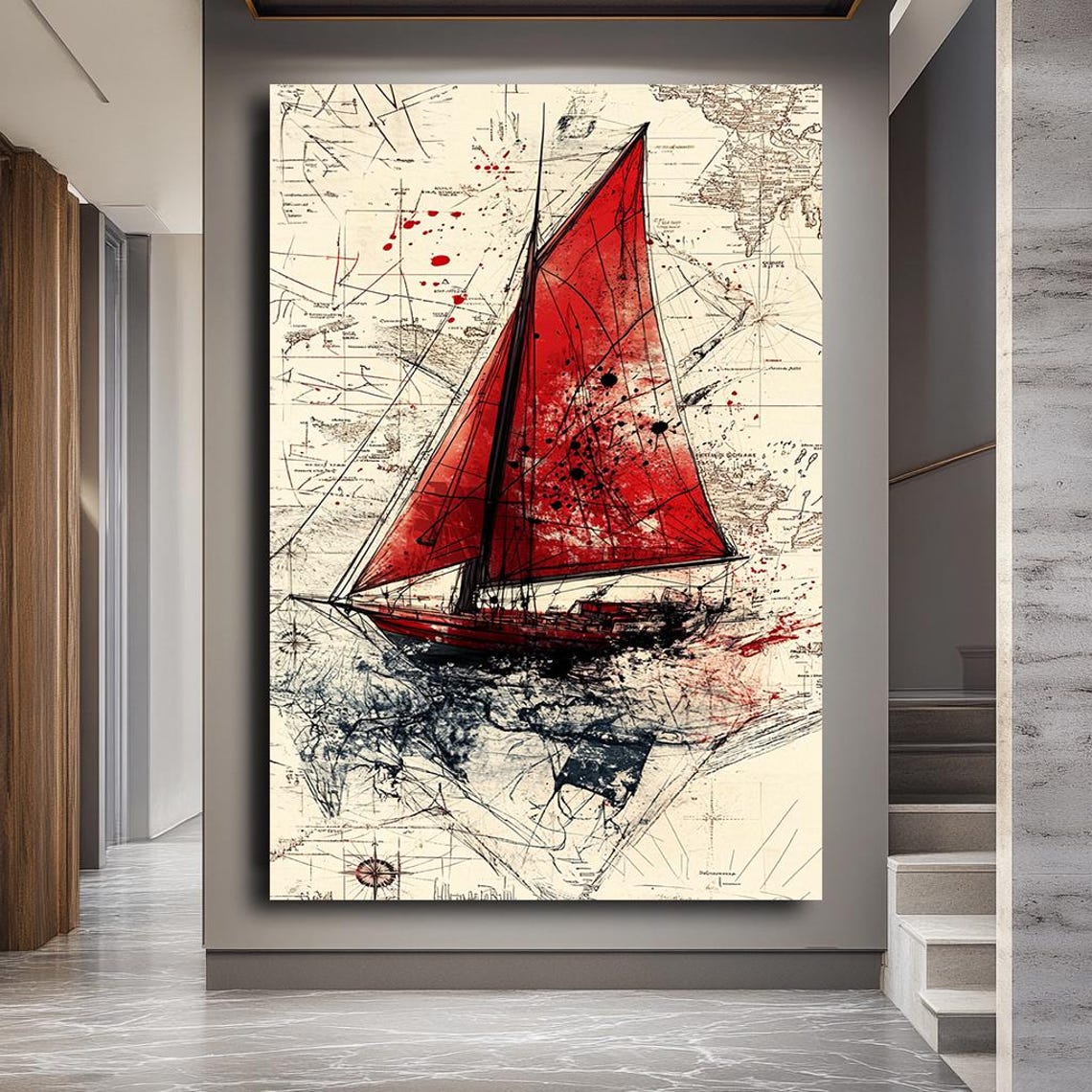 Red Sailboat Vintage World Map Nautical Sketch Maritime Sailing Poster