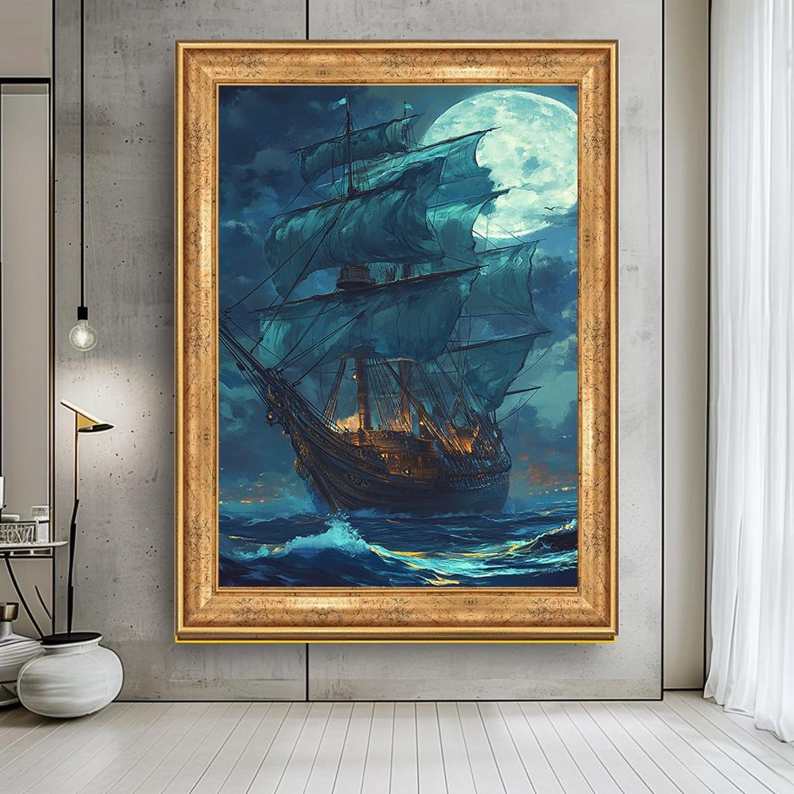 Majestic Moonlit Ship Canvas Art Dramatic Sailing Adventure Wall Decor Full Moon And Ocean Waves Nautical Night Scene Print