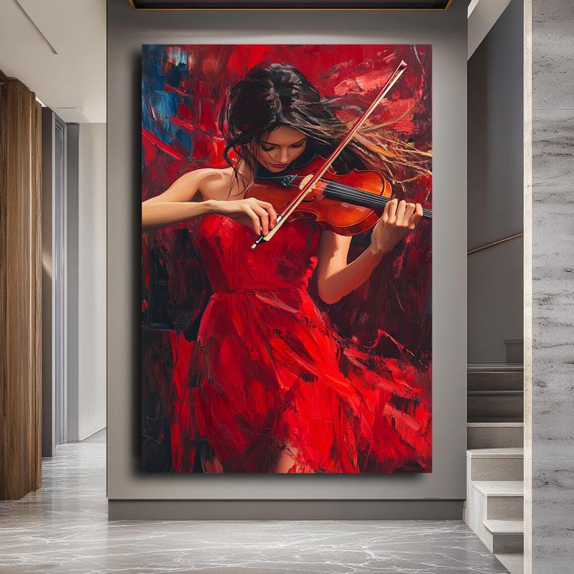 Woman In Red Dress Playing Violin Passionate Musician Wall Art - Image 3