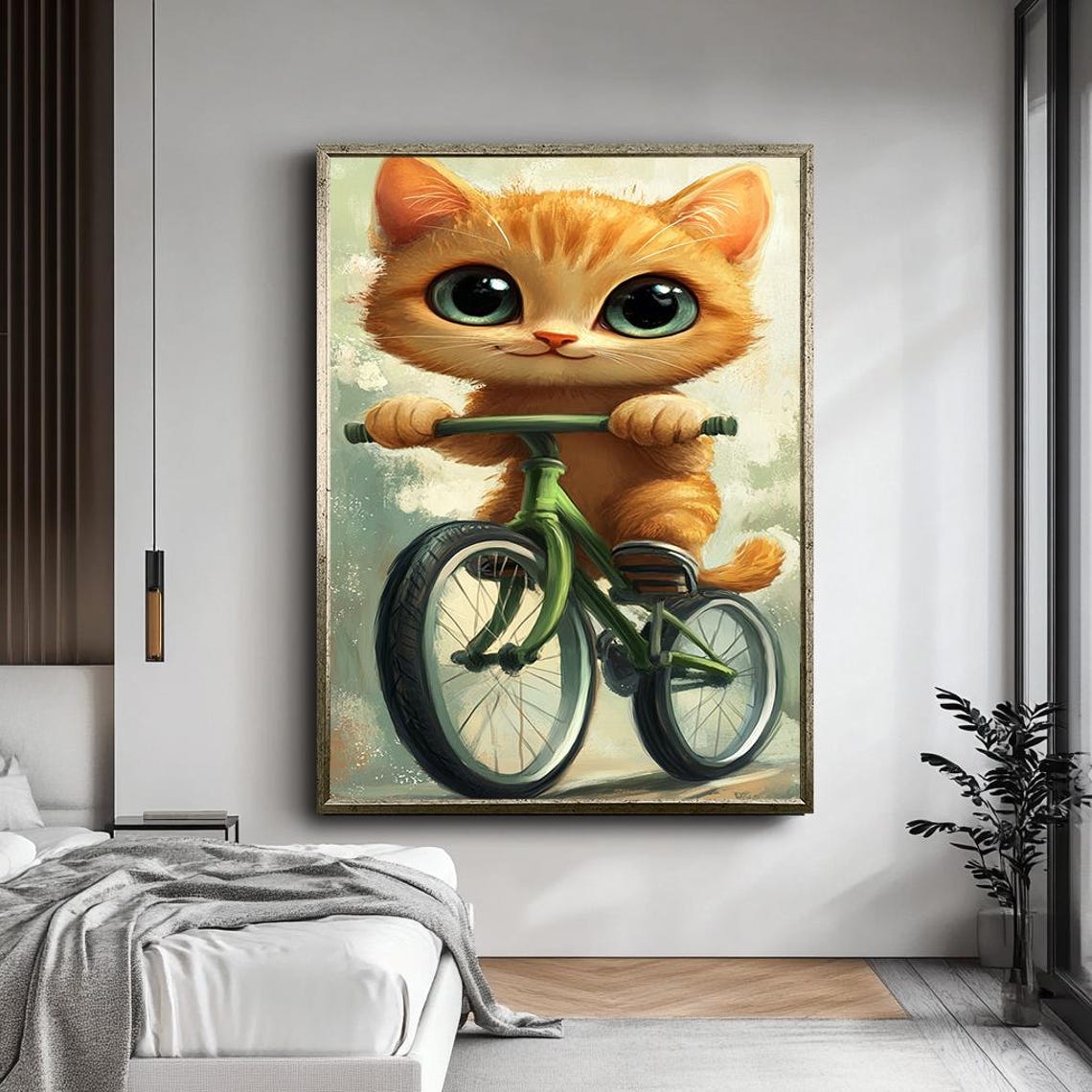 Cute Orange Kitten Riding Green Bicycle Whimsical Nursery Wall Art - Image 5