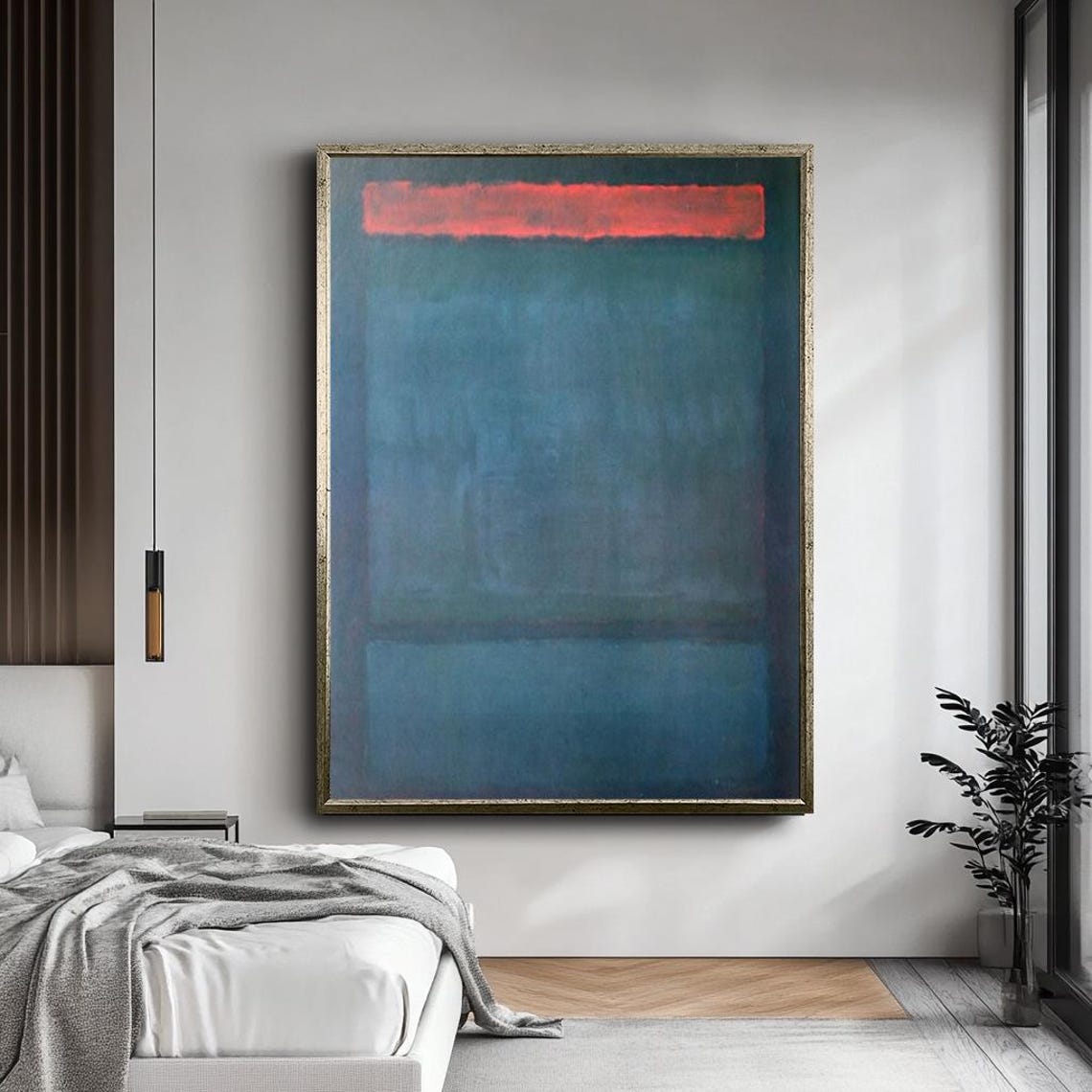 Teal Abstract With Red Band Rothko Style Minimalist Dark Wall Art - Image 5