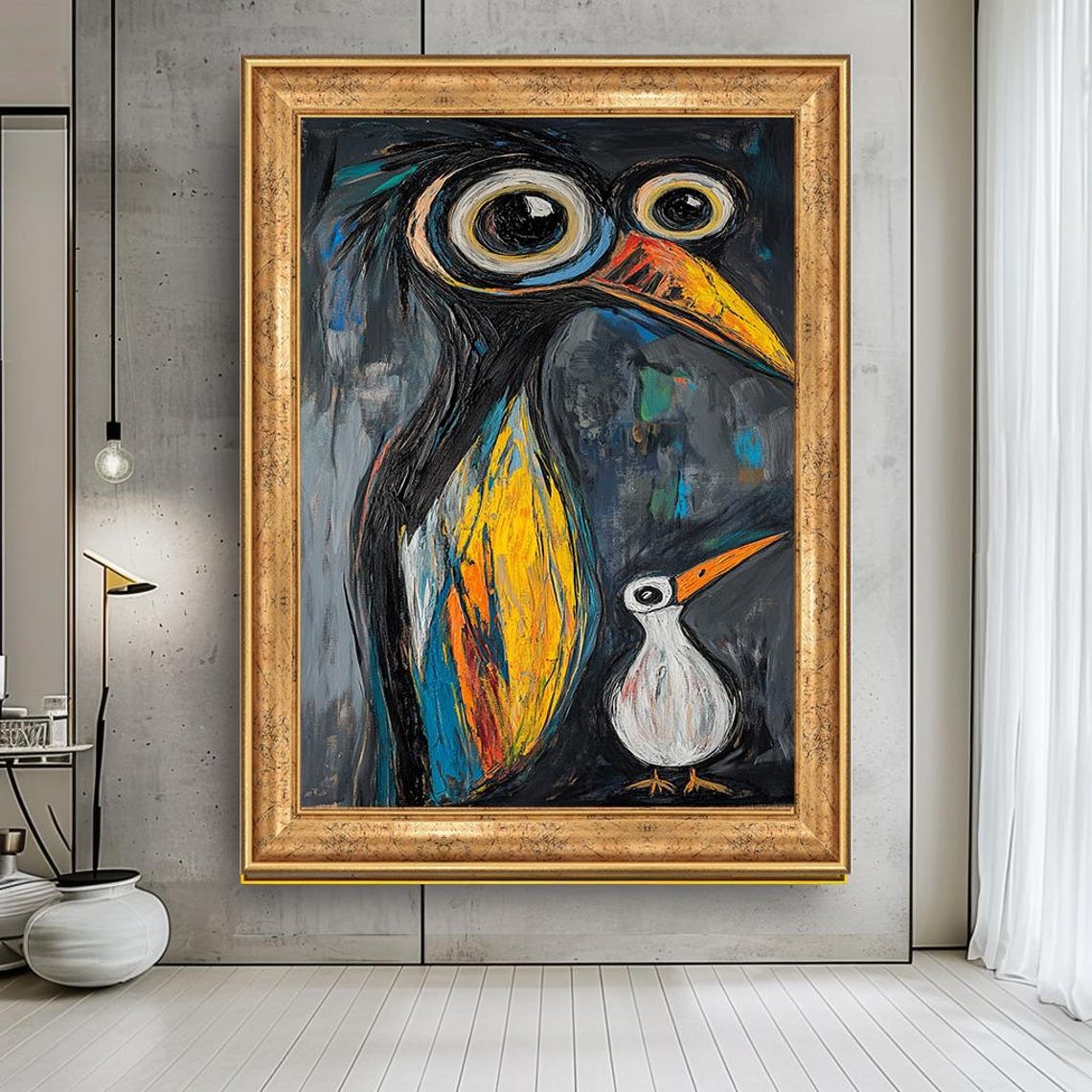 Quirky Colorful Birds Expressionist Painting Whimsical Bird Poster