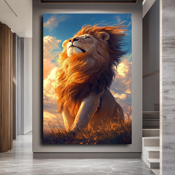Majestic Lion Wall Art Large Canvas Print Sunset Safari Animal Painting King Decor Living Room Statement Piece Poster