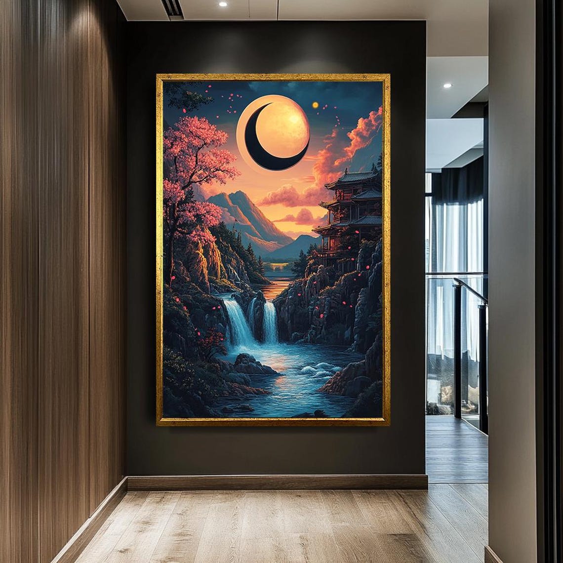 Japanese Moonlit Waterfall Cherry Blossom Pagoda Cliff Sunset Poster - Image 3