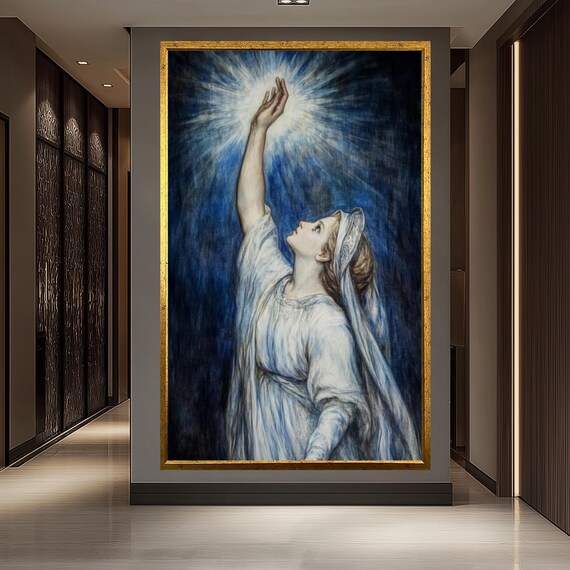 Virgin Mary Reaching Divine Light Blue Night Sky Catholic Art Poster