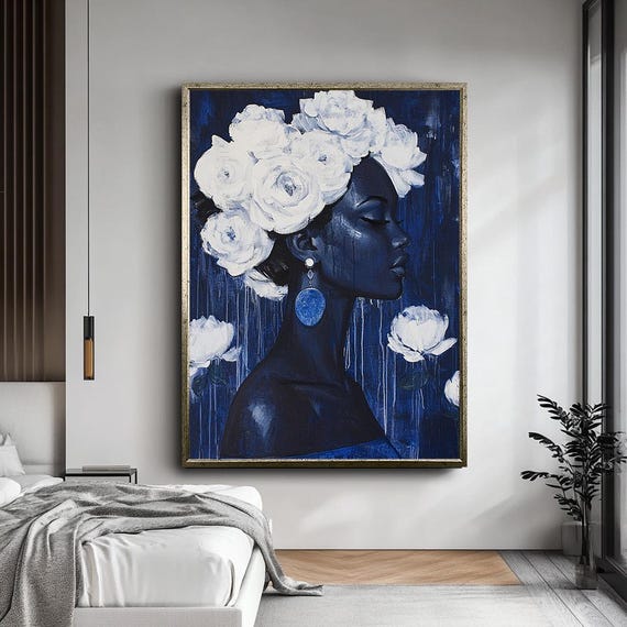 Elegant Blue Woman Portrait Canvas With White Roses Modern Floral Art Feminine Wall Decor Sophisticated Botanical Printready To Hang
