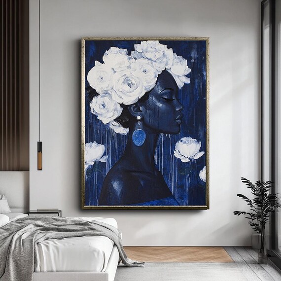Midnight Blue Woman White Roses Floral Profile Modern Art Print