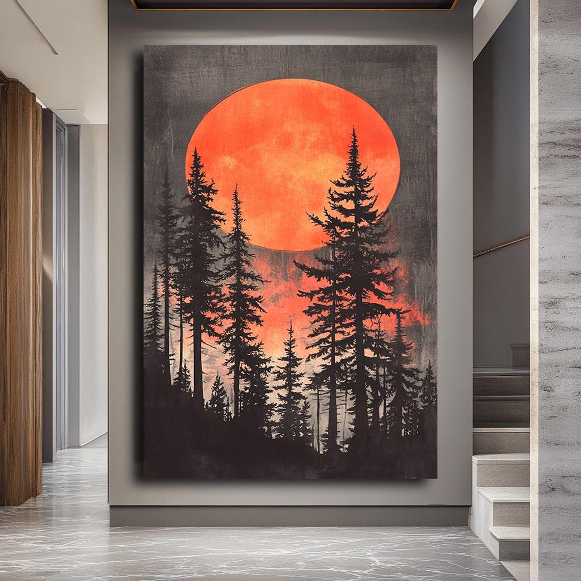 Mystical Forest Silhouette Wall Art Bold Red Moon And Pine Trees Print Dark Nature Landscape Decor Large Abstract Art - Image 3