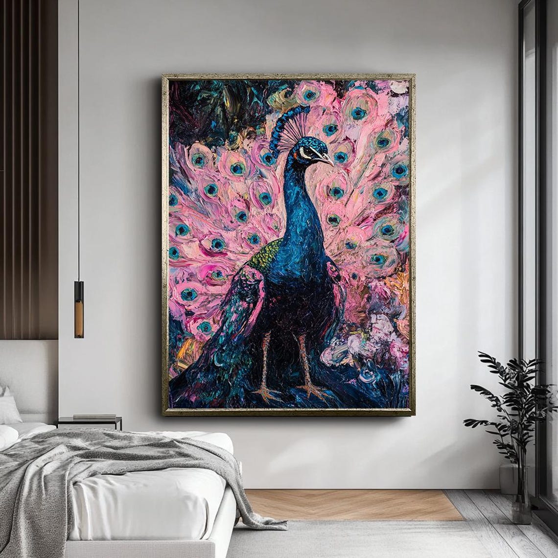 Vibrant Peacock Pink Feathered Tail Blue Body Exotic Bird Poster - Image 3