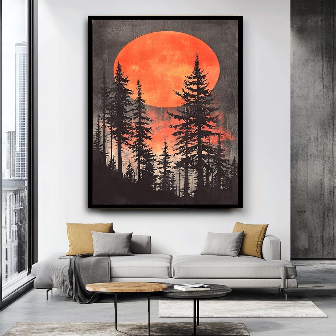 Mystical Forest Silhouette Wall Art Bold Red Moon And Pine Trees Print Dark Nature Landscape Decor Large Abstract Art - Image 4