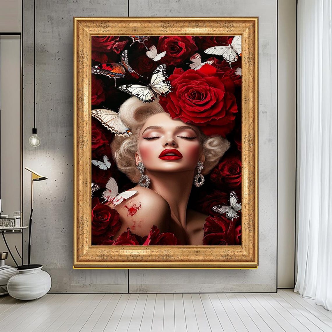 Glamorous Blonde Woman With Red Roses And Butterflies Art Poster