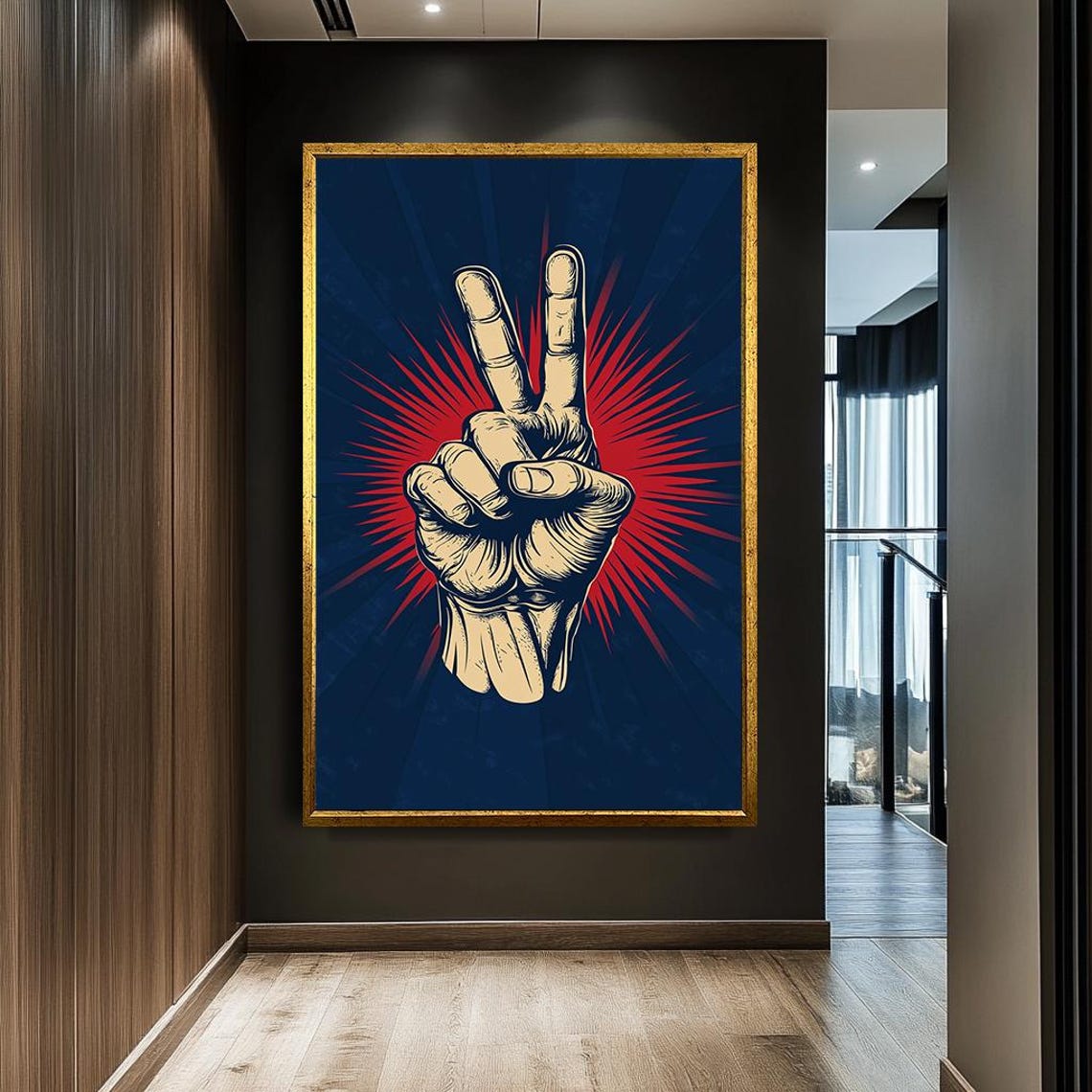 Raised Victory Peace Hand Sign Retro Pop Bold Statement Wall Art - Image 2