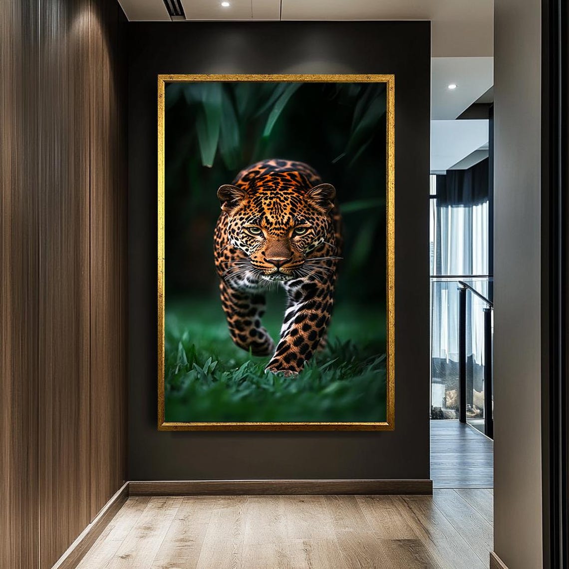 Striking Leopard Prowling Dark Jungle Vivid Wildlife Photo Poster - Image 3