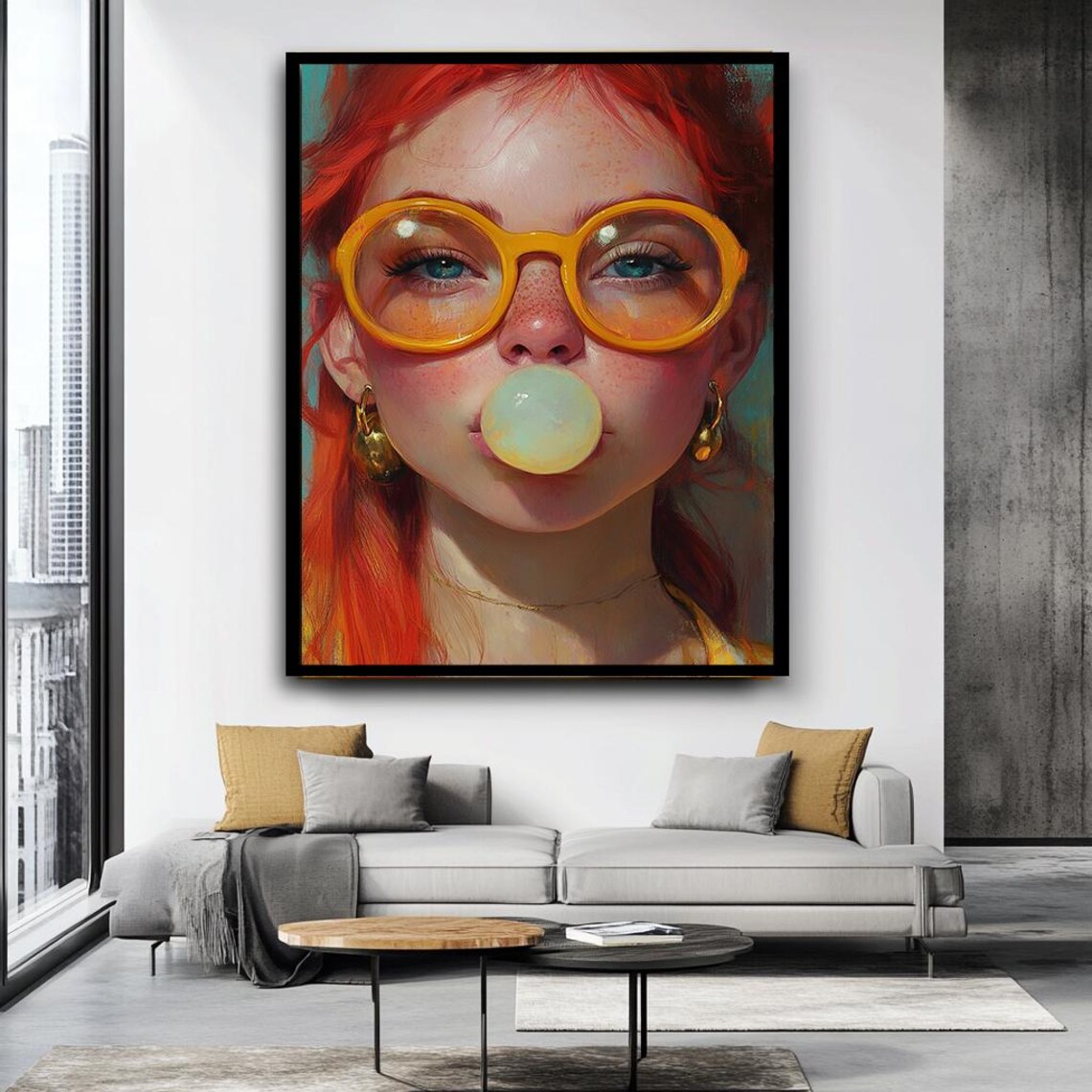 Bubble Gum Girl Portrait Yellow Glasses Red Hair Fun Pop Wall Art - Image 2
