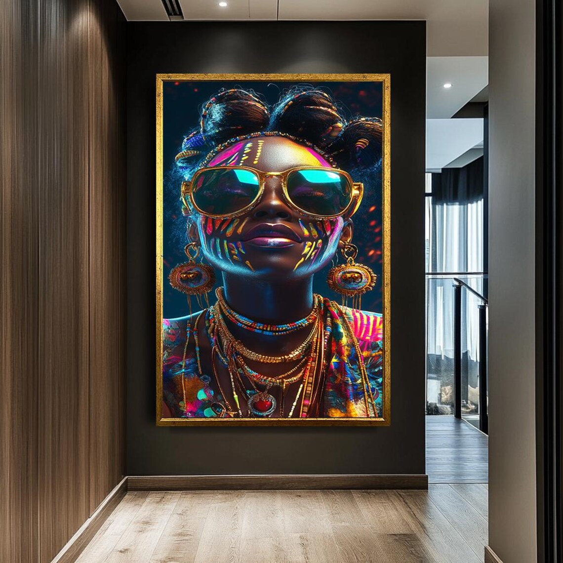 Neon Tribal Woman Portrait Sunglasses Bold Colorful Festival Wall Art - Image 5