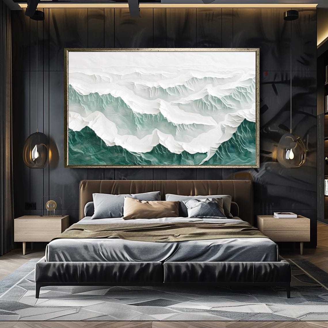 Minimalist Layered Mountain Landscape White Green Textured Art Poster