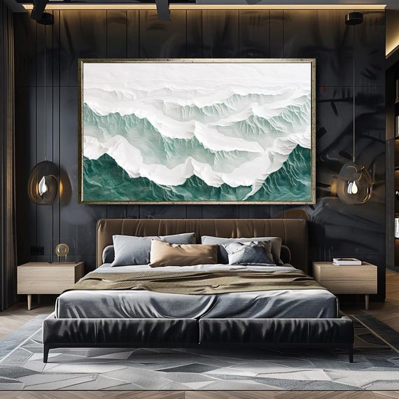 Minimalist Mountain Landscape Painting Textured White And Green 3d Wall Art Handmade Modern Nature Decor For Living Room Or Bedroom