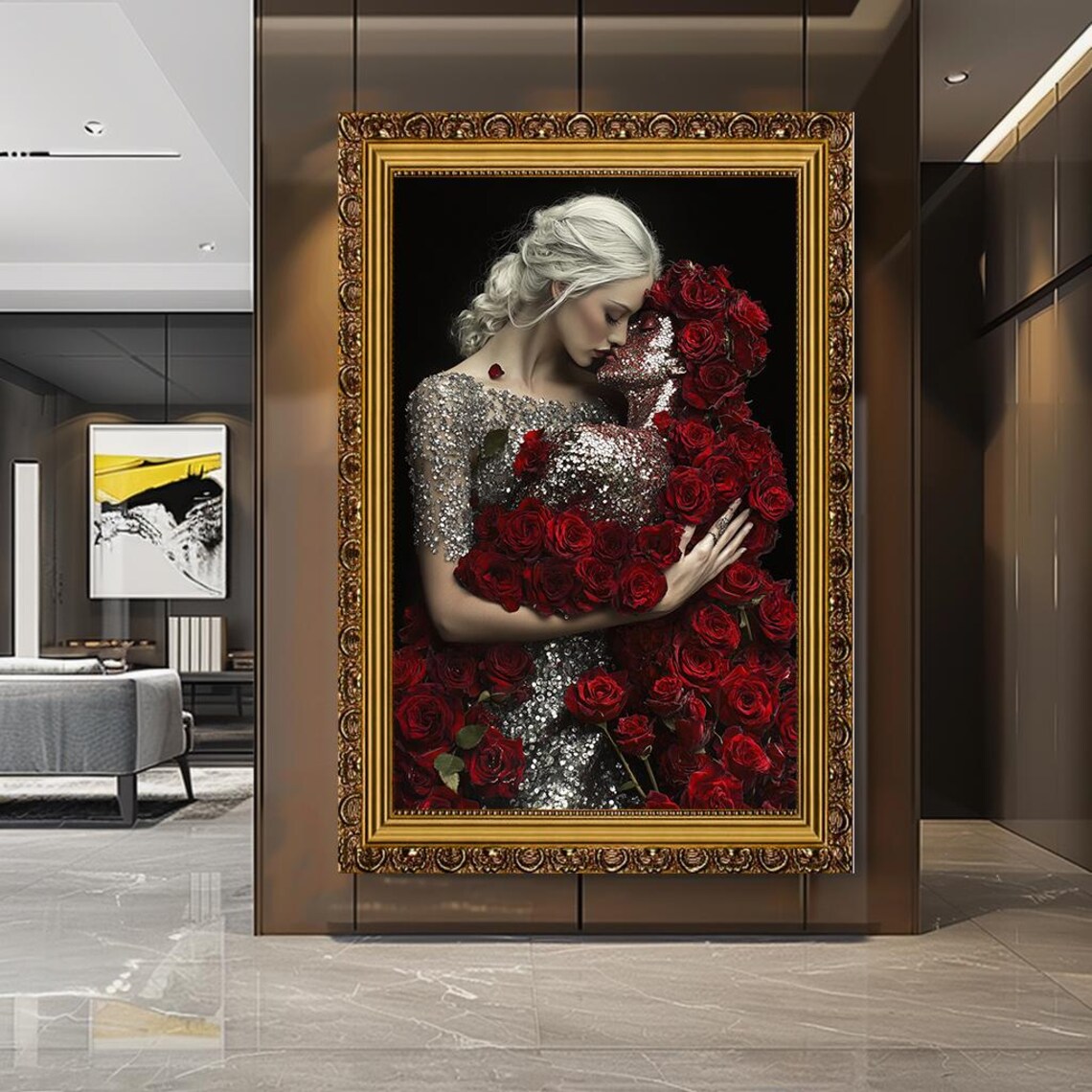 Elegant Woman Embracing Red Roses Silver Sequin Gown Love Poster - Image 5