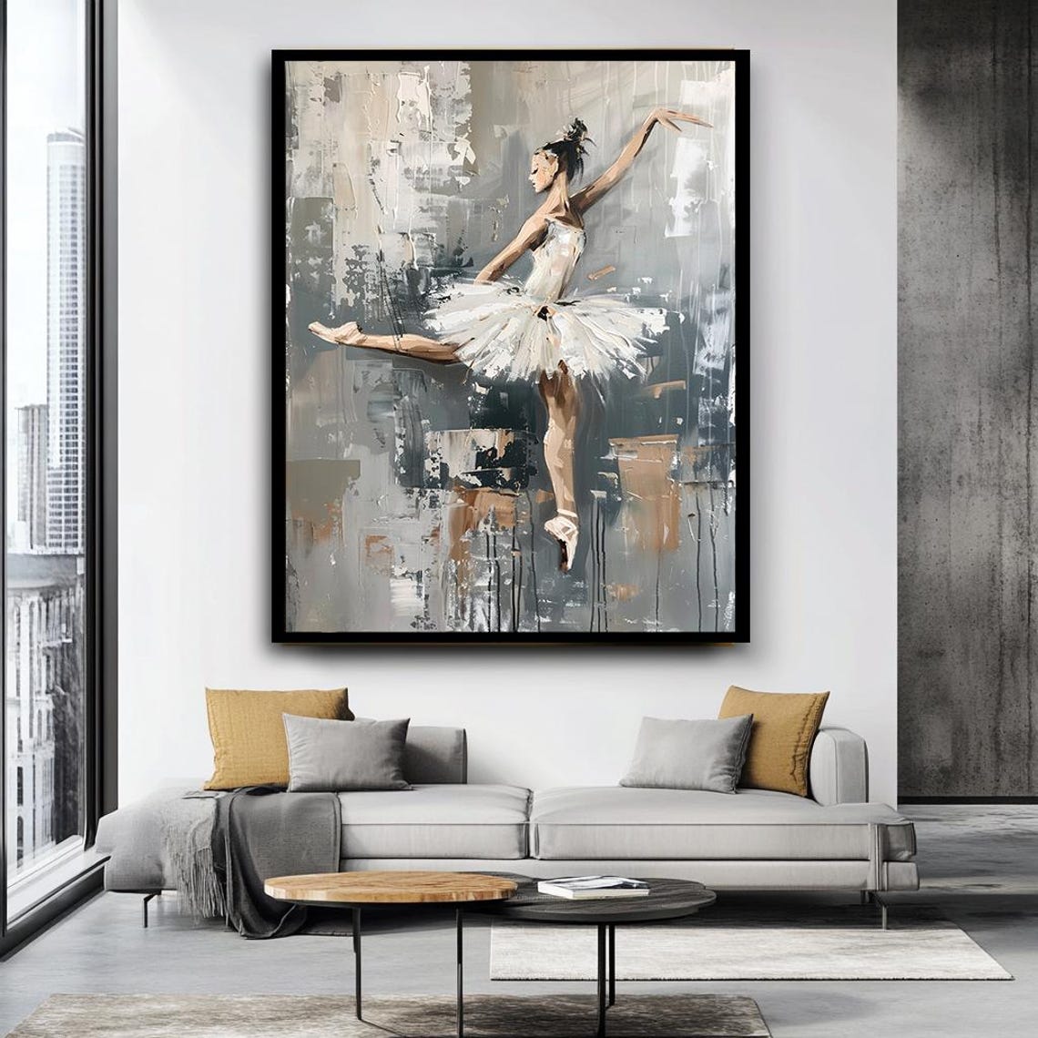Ballerina In White Tutu Leap Abstract Grey Studio Dance Art Poster - Image 4