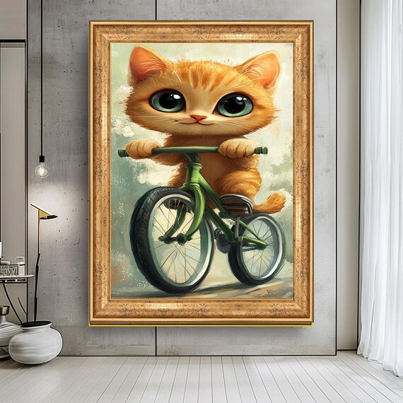 Cute Orange Kitten Riding Green Bicycle Whimsical Nursery Wall Art