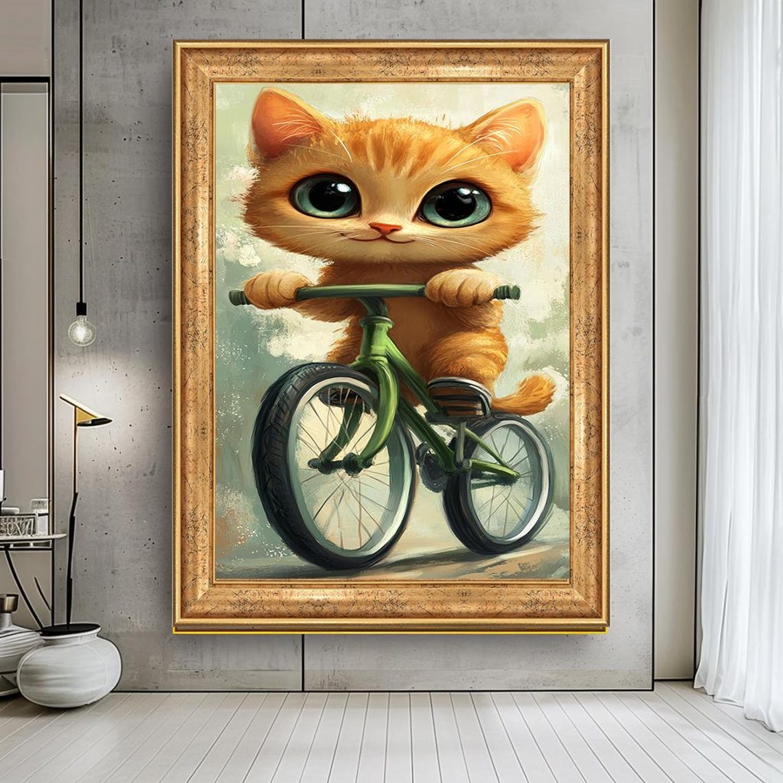 Cute Orange Kitten Riding Green Bicycle Whimsical Nursery Wall Art