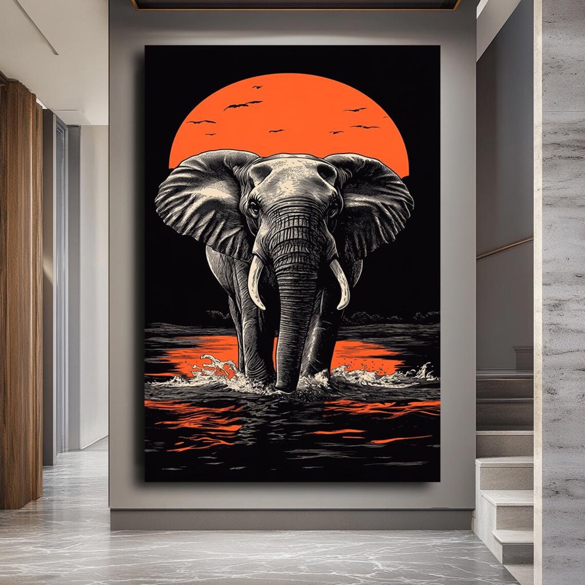 Monochrome Elephant Orange Sun Bold Safari Wildlife Art Poster - Image 2