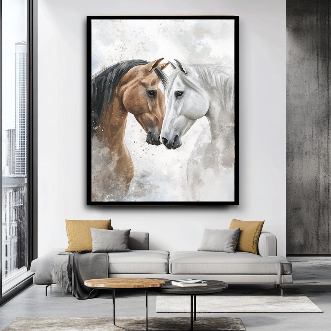 Two Horses Embracing Brown White Watercolor Gentle Animal Poster - Image 4