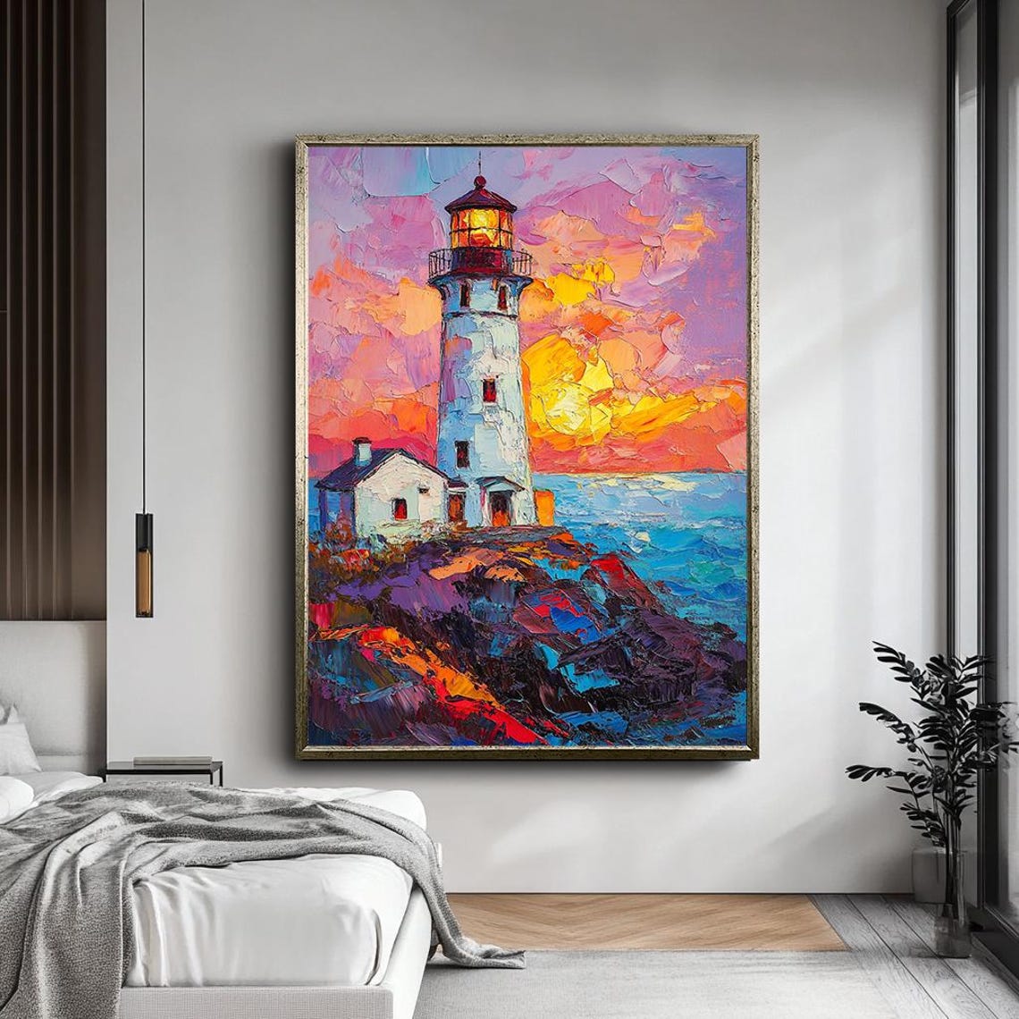 Colorful Lighthouse Sunset Rocky Coast Textured Oil Painting Poster - Image 5