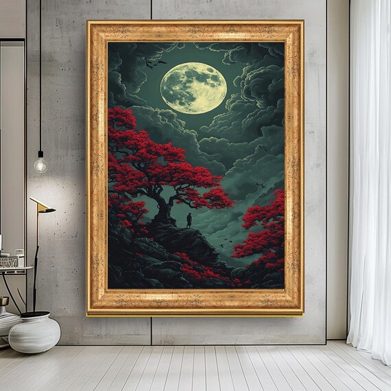 Mystical Moonlit Landscape Wall Art Red Tree Under Full Moon Enchanted Night Scene Fantasy Nature Decor For Living Room Or Bedroom