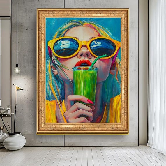 Vibrant Summer Woman With Green Smoothie Wall Art Colorful Pop Art Modern Fashion Decor Stylish Retro Sunglasses Art