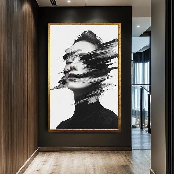 Abstract Woman Portrait Wall Art Black And White Brushstroke Canvas Minimalist Modern Bold Monochrome Artwork