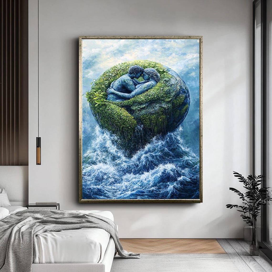 Couple Embracing Floating Earth Island Ocean Waves Romantic Wall Art - Image 5