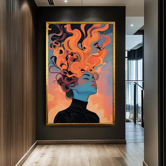 Abstract Woman Portrait Wall Art Vibrant Colorful Hair Canvas Surreal Pop Style Modern Feminine Decor Bold Statement For Home