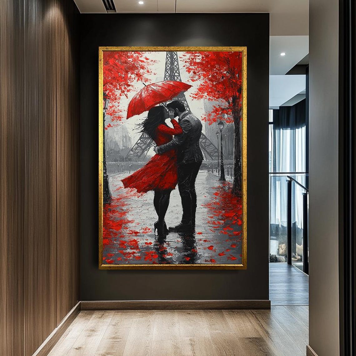 Romantic Paris Couple Kissing Under Red Umbrella Eiffel Tower Poster