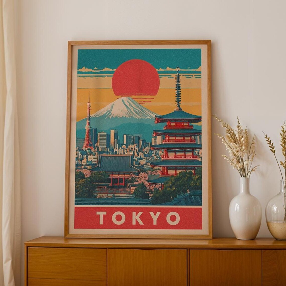 Tokyo Japan Retro City Skyline Pagoda Red Sun Vintage Poster