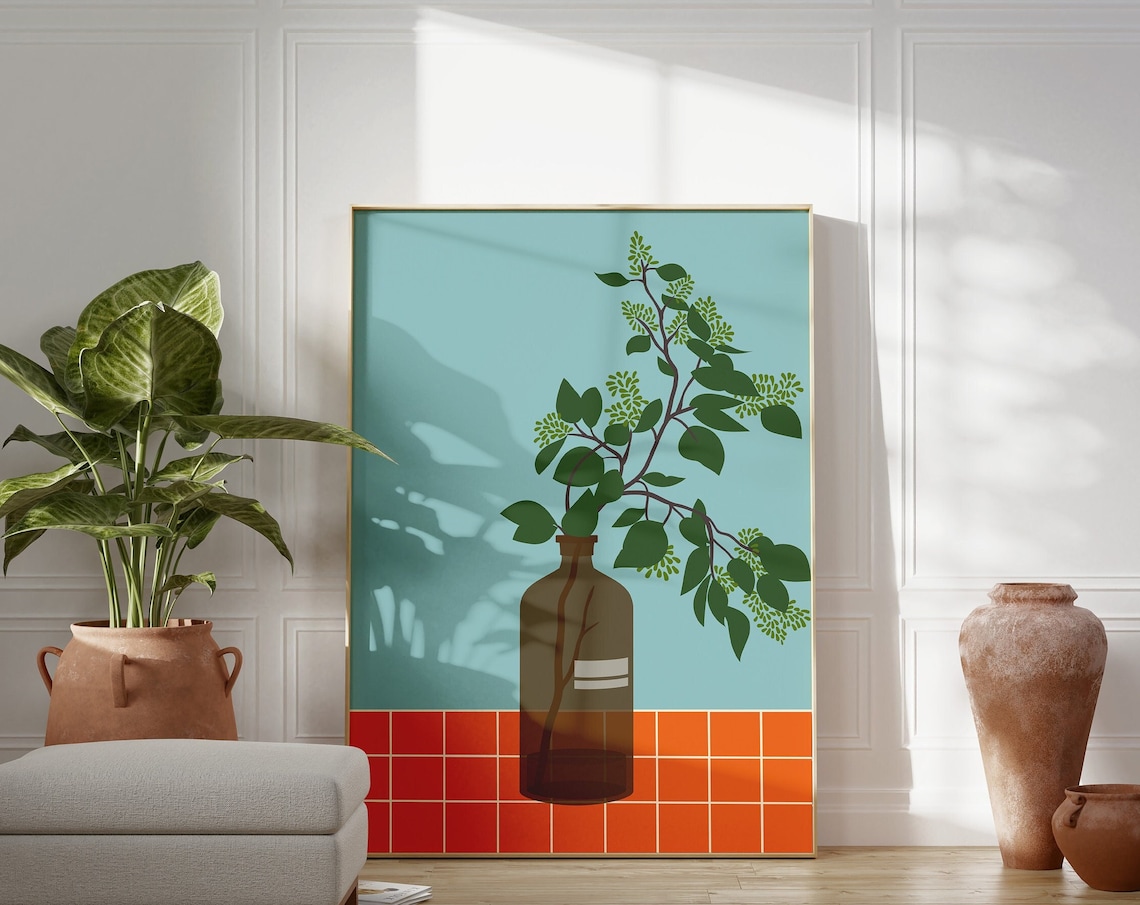 Amber Glass Bottle Green Branch Aqua Background Botanical Poster