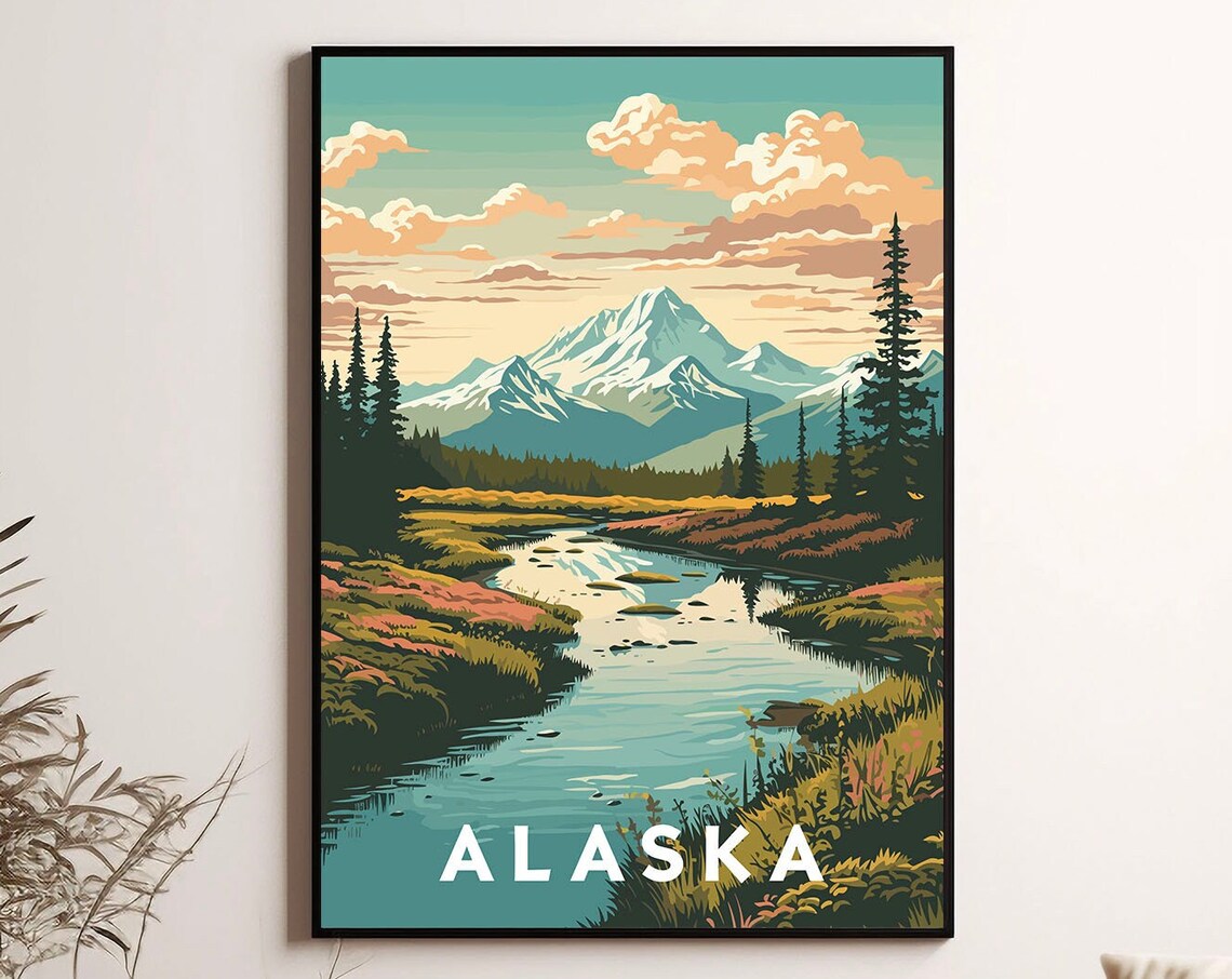 Alaska Snow Capped Mountain River Wilderness Northern Travel Poster