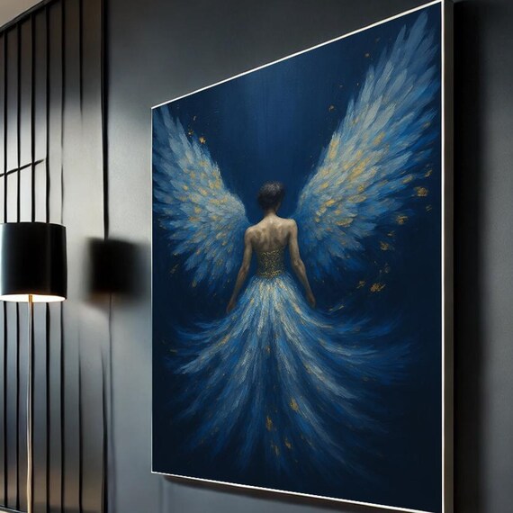 Blue Angel Woman Canvas Wall Art Celestial Feminine Spirit Print Gold Winged Portrait Ready To Hang Decor
