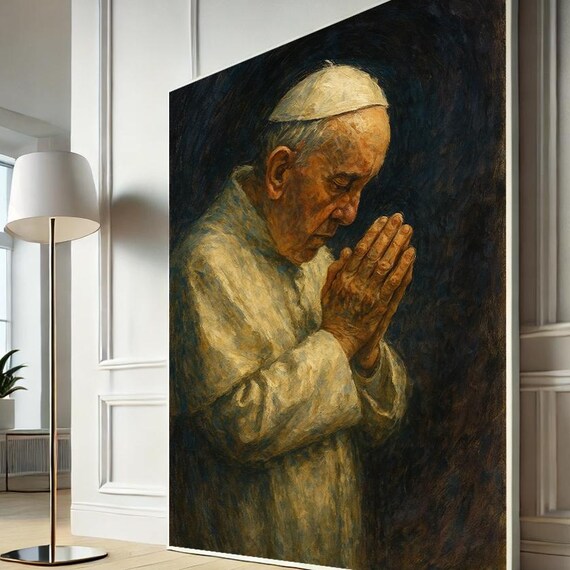 Pope Francis in Prayer Dark Background Catholic Portrait Poster