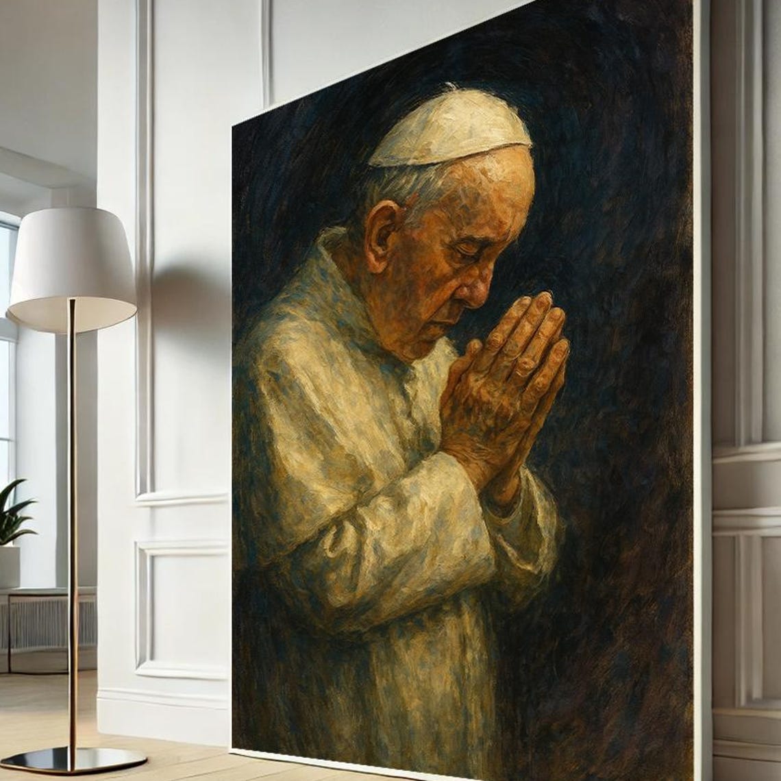 Pope Francis in Prayer Dark Background Catholic Portrait Poster