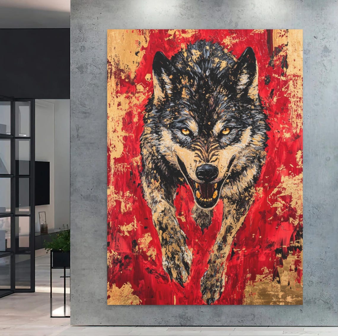 Red And Gold Alpha Wolf Snarling Fierce Wild Animal Wall Art